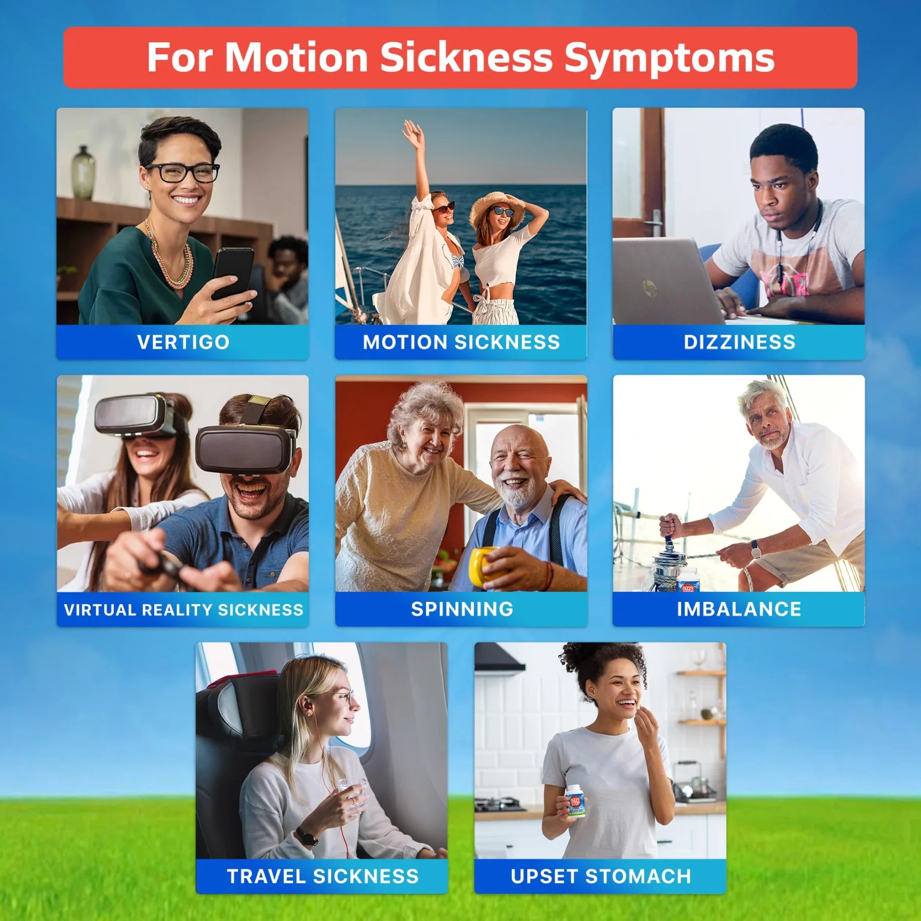 Dizzy Stop - Dr. Bartons - Symtom List: Motion Sickness, Dizziness, Vertigo, Spinning, Balance